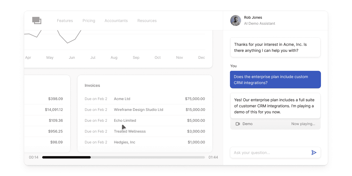 Spara AI SDR chat qualifying inbound lead by answering CRM integration question and automatically playing product demo