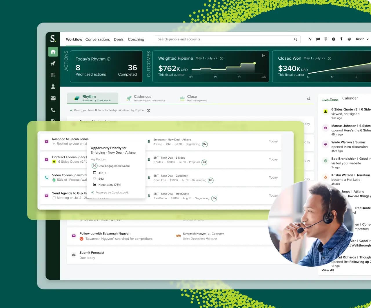 Drift sales dashboard showing pipeline metrics, deal priorities, activity feed, and rep using a headset for outreach.