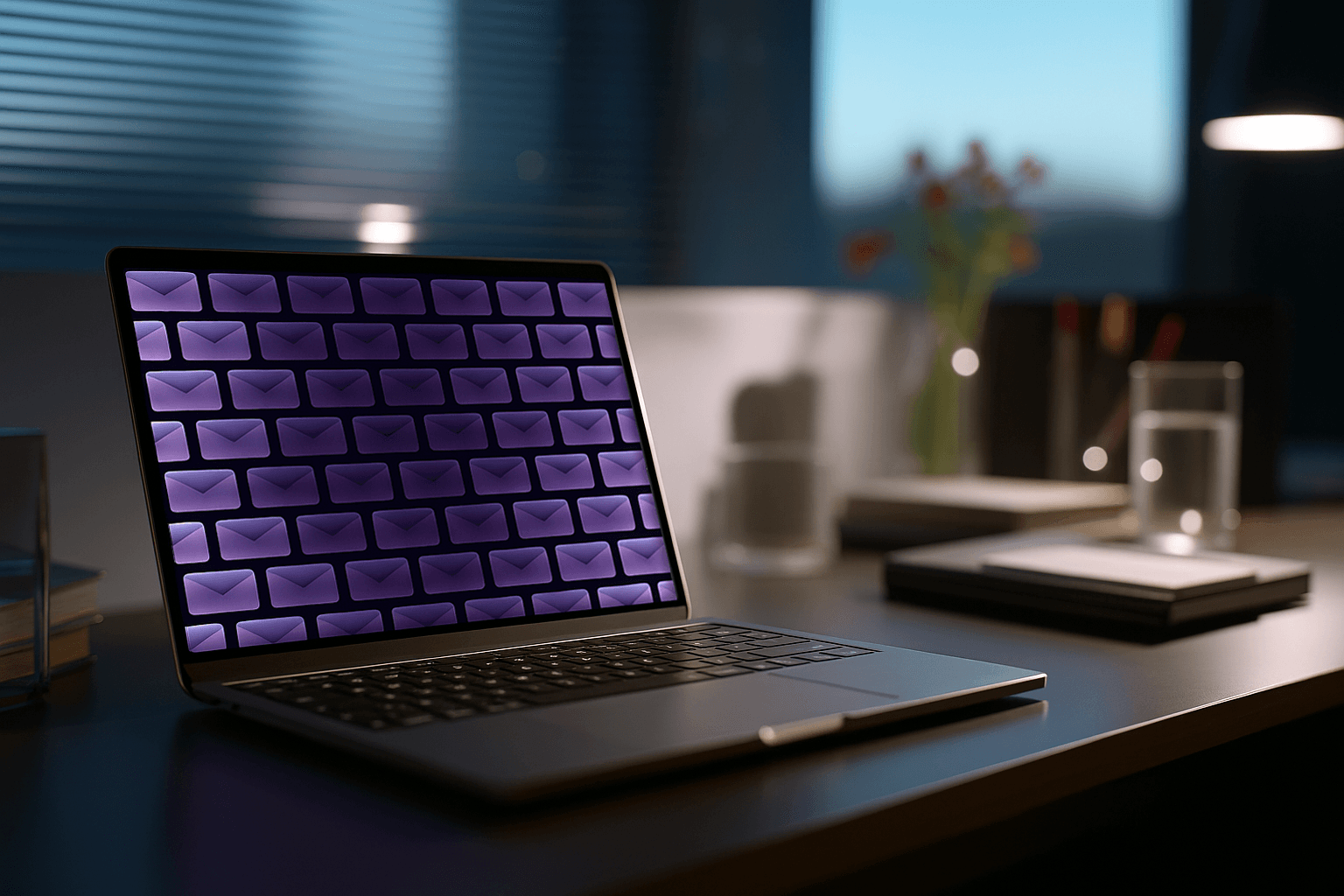 Image of open laptop on desk with purple envelopes on the screen