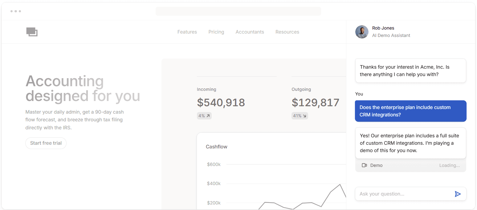 Spara’s AI sales assistant chat interface answering enterprise CRM integration questions while displaying dashboard.