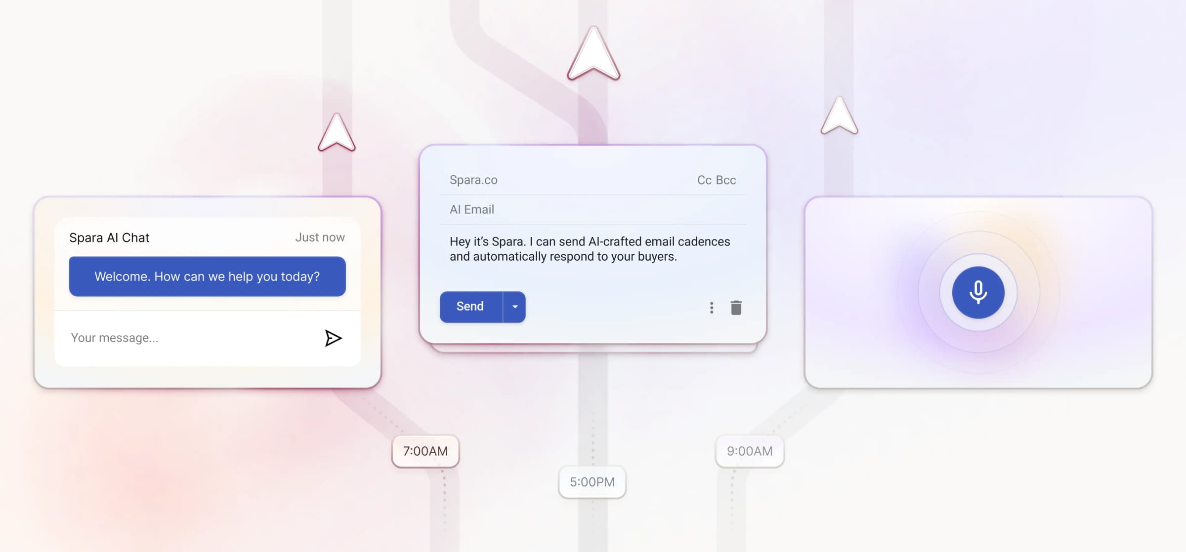 Spara AI Chat, email, and voice agents showing real-time lead qualification and meeting-booking conversations.